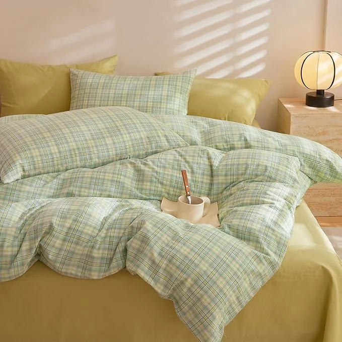 Clean EAVD Modern Style Gingham Comforter Set Full Pink Blue Green Grid Plaid Comforter Set Reversible Farmhouse Gingham Bedding Set with 2 Pillowcases Reversible Grid Checkered Bedding Set for All-Season Consistent