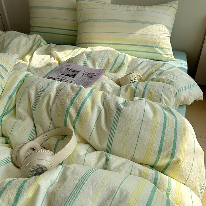 Premium Material EAVD Vintage Striped Comforter Set Full Soft Cotton 3-Piece Boho Bedding Set with 2 Pillowcases Retro Yellow-Green Vertical Stripes Geometric Comforter Set for All-Season Clean