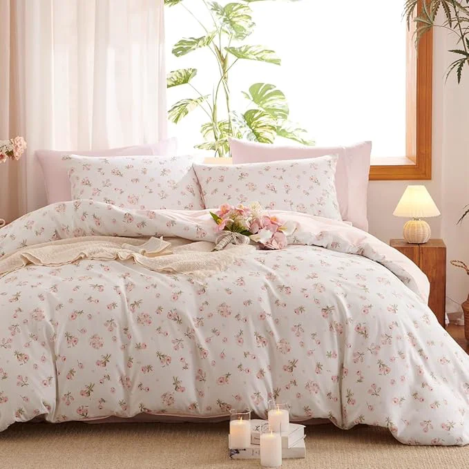 Trendy Floral Comforter Set Full Size - 3 Pieces Pink White Floral Comforter Bedding Sets Reversible Pattern Full Bed in a Bag with Flowers Comforter and 2 Pillowcases Prestigious