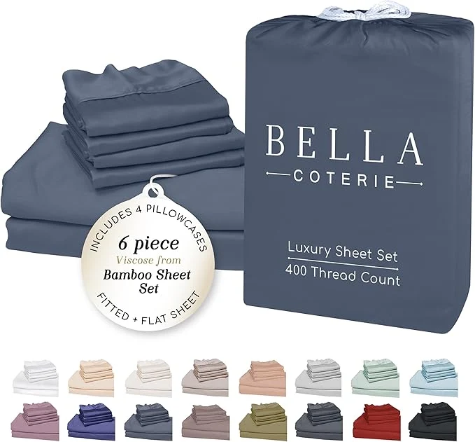 Casual Bella Coterie 6 Piece Luxury Bamboo Viscose Queen Size Sheet Set Organically Grown Cooling for Hot Sleepers 18 quot Deep Pocket Soft amp Hypoallergenic 4 Pillowcases Slate Blue Expertly Made