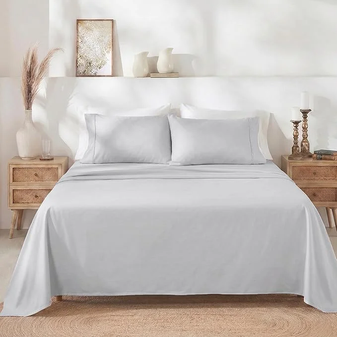 Consistent California Design Den Twin Bed Sheets Set - 400 Thread Count Sateen Natural Cotton Bedsheets Deep Pockets with All Around Elastic Soft Durable Bedding - Silver Smooth
