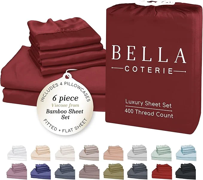 Advanced Bella Coterie 6 Piece Luxury Bamboo Viscose King Size Sheet Set Organically Grown Cooling for Hot Sleepers 18 quot Deep Pocket Soft amp Hypoallergenic 4 Pillowcases Merlot Authentic