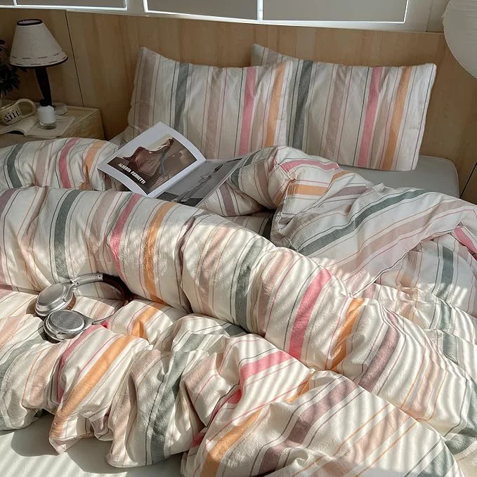 Casual EAVD Vintage Style Striped Comforter Set Full Soft Washed Cotton 3-Piece Colorful Vertical Striped Bedding Comforter Set with 2 Pillowcases Retro Multicolor Geometric Bedding Set for All-Season Environmentally Friendly