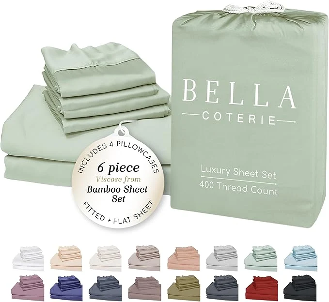 Quality Bella Coterie 6 Piece Luxury Bamboo Viscose Queen Size Sheet Set Organically Grown Cooling for Hot Sleepers 18 quot Deep Pocket Soft amp Hypoallergenic 4 Pillowcases Sea Glass Powerful