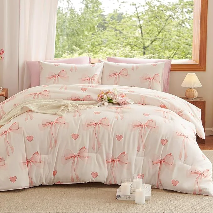 Eco-Friendly Pink Bow Comforter Set King Size - 3 Pieces Pink White Heart Comforter Bedding Sets Reversible Pattern King Bed in a Bag for Girls Comforter and 2 Pillowcases Recyclable