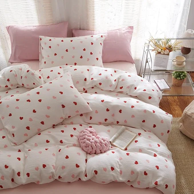 Smart Girls Comforter Set Queen Size - 3 Pieces Red Pink Heart Comforter Bedding Sets for Kids Queen Bed in a Bag with Heart Comforter and 2 Pillowcases Trendy