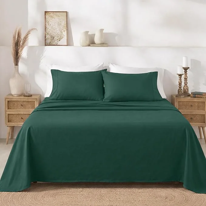 Safe California Design Den Full Size Bed Sheets Set - Soft 400 Thread Count Sateen Natural Cotton Sheets with Deep Pockets Breathable and Durable Bedding Set - Hunter Green Next-Generation