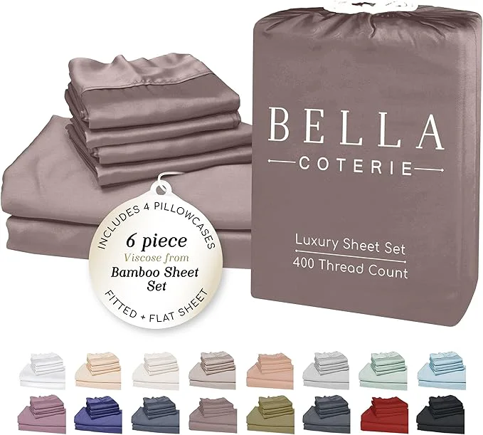 Classic Bella Coterie 6 Piece Luxury Bamboo Viscose Split Top King Size Sheet Set 34 quot Split for Adjustable Beds Organically Grown Cooling 18 Deep Pocket 4 Pillowcases Mocha Breathable