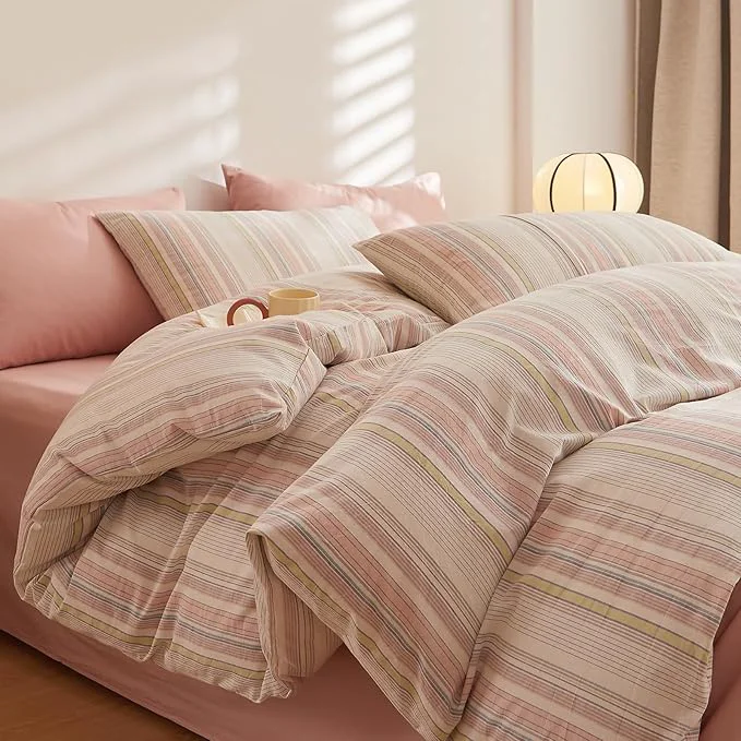 High-End EAVD Striped Comforter Set King Multi-Color Striped Bedding Comforter Set 3 Pieces Farmhouse Geometric Bedding Set with 2 Pillowcases for All-Season Soft Fluffy Lightweight Breathable