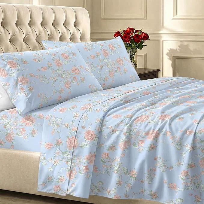 Minimalist California Design Den Floral Deep Pocket Twin Sheets Set - 400 Thread Count Sateen Natural Cotton Sheets and Durable Bedding Set - Antique Rose Secure