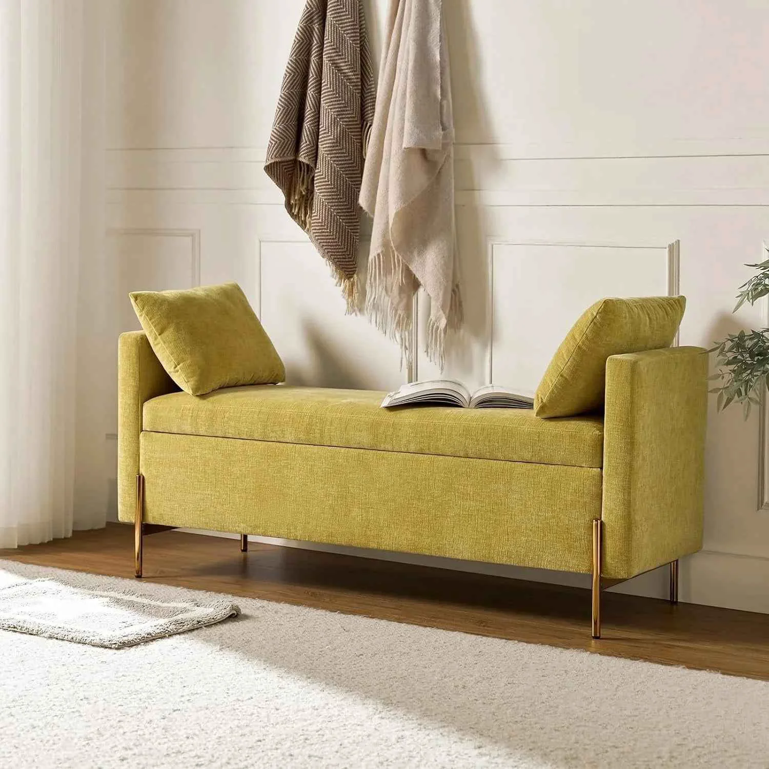 Green Upholstered Fabric Storage Ottoman Bench with Pillows Enhanced