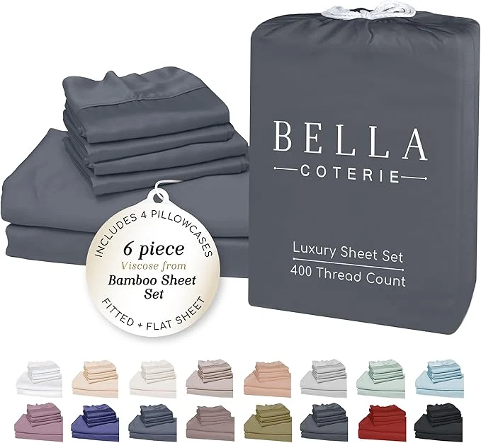 User-Friendly BELLA COTERIE 6 Piece Luxury Bamboo Viscose California King Size Sheet Set Organically Grown Cooling for Hot Sleepers 18 quot Deep Pocket Soft amp Hypoallergenic 4 Pillowcases Charcoal Grey Responsible