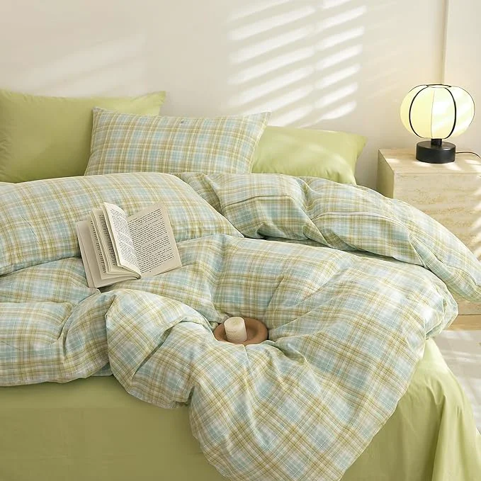 Official EAVD Vintage Gingham Comforter Set Twin XL Soft Washed Cotton Green Yellow Grid Plaid Comforter Set 3-Piece Retro Grid Checkered Bedding Set with 2 Pillowcases Gingham Bedding Set for All-Season Luxury