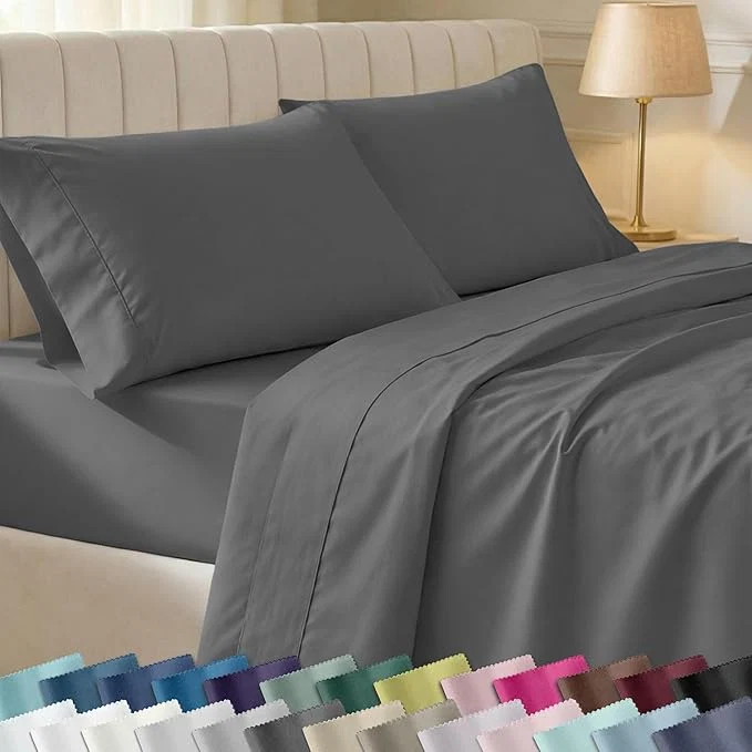 Clean California Design Den 6-Pc King Size Sheet Set with 4 Pillowcases - Soft 400 Thread Count Cotton Sheets Sateen Weave Deep Pocket Bedsheets Set - Grey Reusable