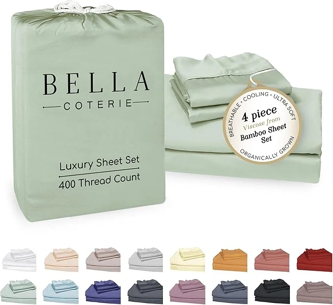 Optimized Bella Coterie Luxury Bamboo Viscose Cal King Size Sheet Set Organically Grown Ultra Soft Cooling for Hot Sleepers 18 quot Deep Pocket Sea Glass Efficient