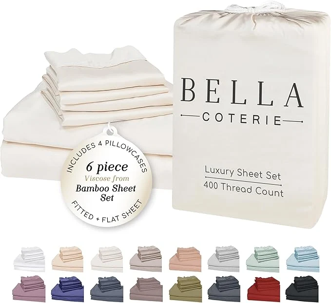 Efficient Bella Coterie 6 Piece Luxury Bamboo Viscose King Size Sheet Set Organically Grown Cooling for Hot Sleepers 18 quot Deep Pocket Soft amp Hypoallergenic 4 Pillowcases Ivory High-Grade