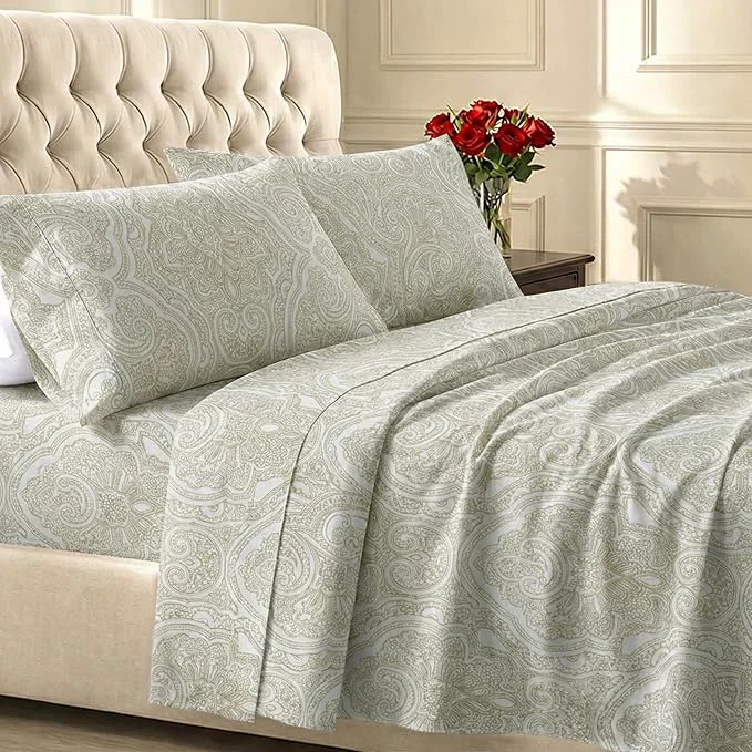 Outstanding California Design Den Printed King Size Sheets Set - 400 Thread Count Soft Sateen Natural Cotton Sheets Deep Pockets and Durable Bedding Set - Paisley Beige Proven