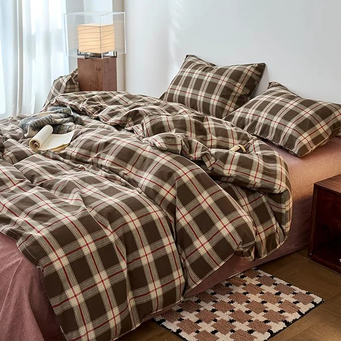 Quality EAVD Vintage Brown Buffalo Plaid Comforter Set Full Soft Washed Cotton Brown amp Red amp Green Grid Checkered Bedding Set with 2 Pillowcases Retro Gingham Comforter Set for All-Season Expertly Made