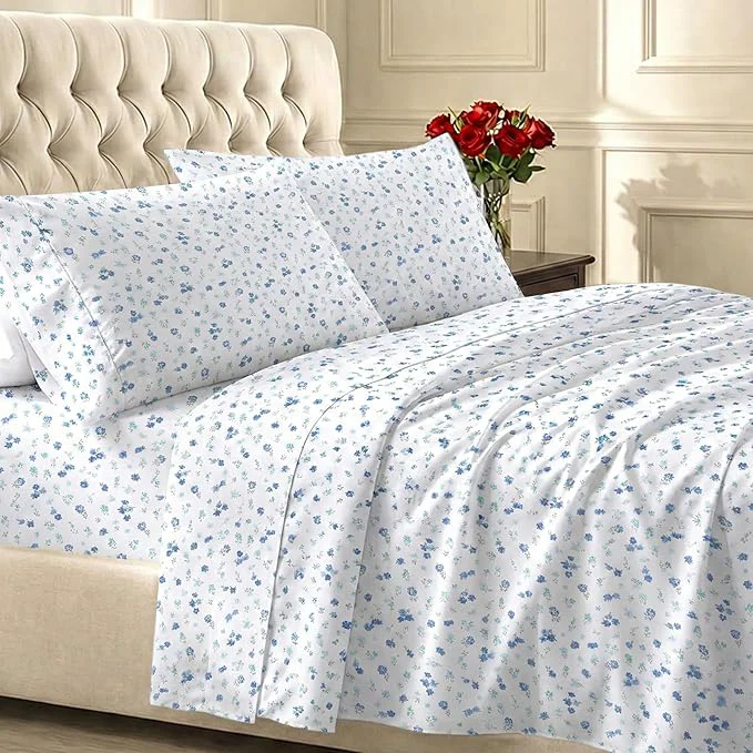 First-Class California Design Den Deep Pocket Twin Sheets Set - 400 Thread Count Sateen Natural Cotton Sheets and Durable Bedding Set - Blooming Meadows Recyclable