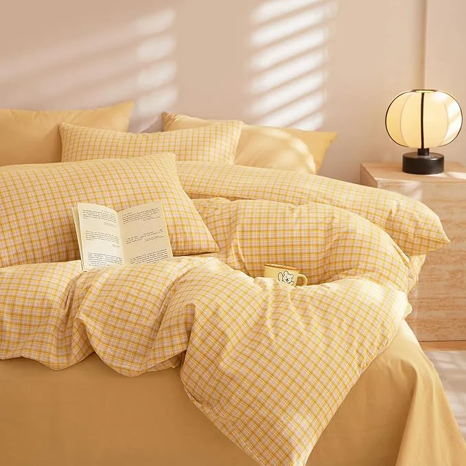 Reliable EAVD Vintage Style Gingham Comforter Set Twin XL Soft Washed Cotton Yellow Grid Plaid Bedding Set with 2 Pillowcases Reversible Farmhouse Gingham Bedding Set for All-Season Detailed