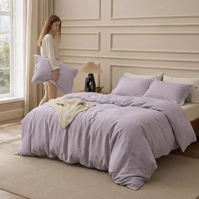 Durable Bedsure Washed Cotton Duvet Cover Queen Size - Lavender Minimalist Bedding Set Linen Like - PureWoven Plain Simple amp Soft Comforter Cover for All Seasons Lavender Queen 90 quot x90 quot Selected