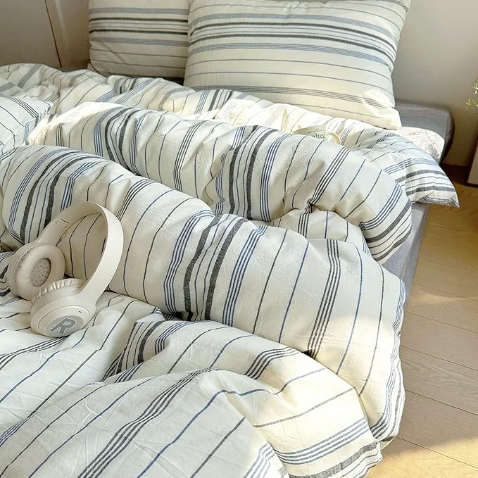 Stylish EAVD Retro Blue amp Grey Striped Comforter Set Twin XL Soft Cotton 3-Piece Vintage Bedding Set with 2 Pillowcases Boho Vertical Stripes Geometric Comforter Set for All-Season Breathable Lightweight Carefully Designed