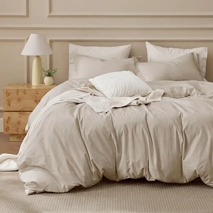 Efficient Bedsure Washed Cotton Duvet Cover Queen Size - Oatmeal Minimalist Bedding Set Linen Like - PureWoven Plain Simple amp Soft Comforter Cover for All Seasons Oatmeal Queen 90 quot x90 quot Green