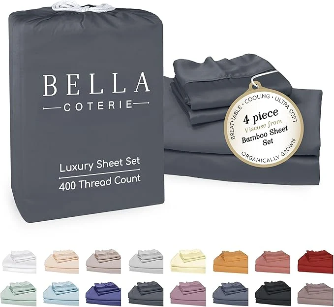 Exclusive Bella Coterie Luxury Bamboo Viscose Full Size Sheet Set Organically Grown Ultra Soft Cooling for Hot Sleepers 18 quot Deep Pocket Charcoal Grey Smooth
