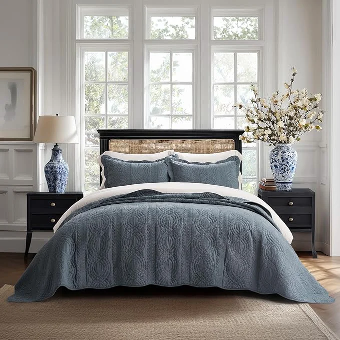 Trusted EVERGRACEHOME Cotton Scallop Quilt Set Queen Size 3 Piece Set – Lightweight Bedspread with 2 Shams Soft Prewashed Matelasse Coverlet for Cozy and Elegant Bedding Stormy Blue Premium