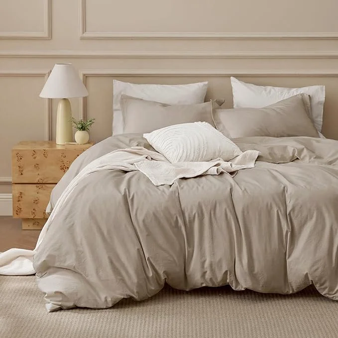 Responsible Bedsure Washed Cotton Duvet Cover Super King Size - Frosted Almond Minimalist Bedding Set Linen Like - PureWoven Plain Simple amp Soft Comforter Cover for All Seasons Set Super King 108 quot x98 quot Premium