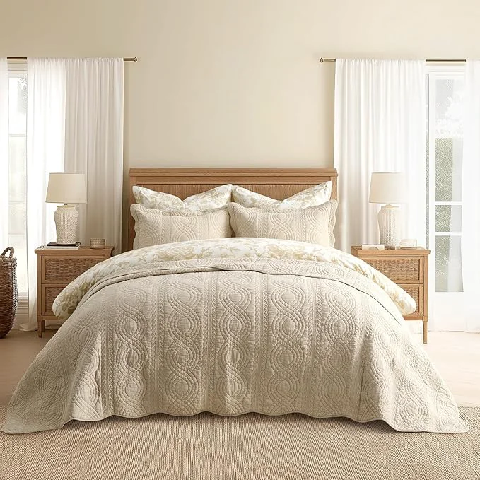 Proven EVERGRACE Cotton Scallop Quilt Set Queen Size 3 Piece Set – Lightweight Bedspread with 2 Shams Soft Prewashed Matelasse Coverlet for Cozy and Elegant Bedding Flax Beige Innovative