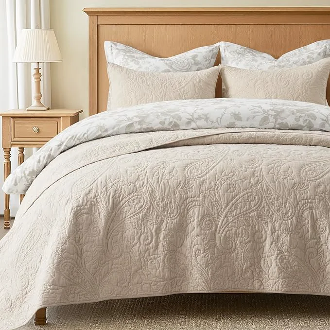 Secure EVERGRACE Cotton Paisley Quilt Set Queen Size 3 Piece Set – Prewashed Lightweight Bedspread with 2 Shams Soft amp Breathable Matelasse Coverlet for All-Season Comfort Flax Beige Carefully Designed