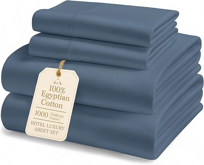 Fashionable Egyptian Cotton Queen Bed Sheets Set - 1000 Thread Count Autthentic Long Staple Cotton Bed Sheets Breathable Winter Comfort Ultra-Soft Hotel Luxury Comfort with 15 quot Deep Pocket - Estate Blue Superior