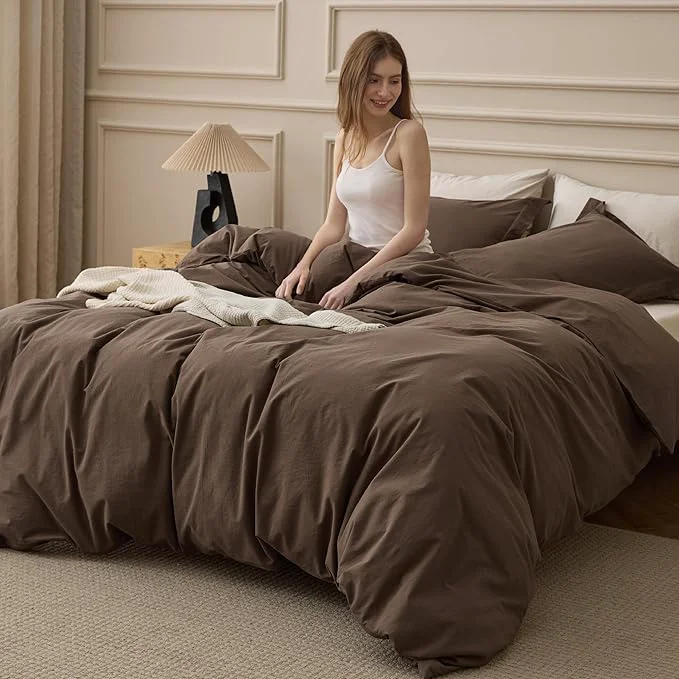 Functional Bedsure Washed Cotton Duvet Cover Oversized King - Brown Minimalist Bedding Set Linen Like - PureWoven Plain Simple amp Soft Comforter Cover for All Seasons Brown Oversized King 120 quot x98 quot Advanced