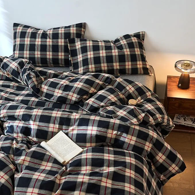 Original Design EAVD Vintage Black Plaid Gingham Comforter Set Twin XL Soft Washed Cotton Black amp Green amp Red Grid Checkered Bedding Set with 2 Pillowcases Farmhouse Retro Plaid Comforter Set for All-Season Selected