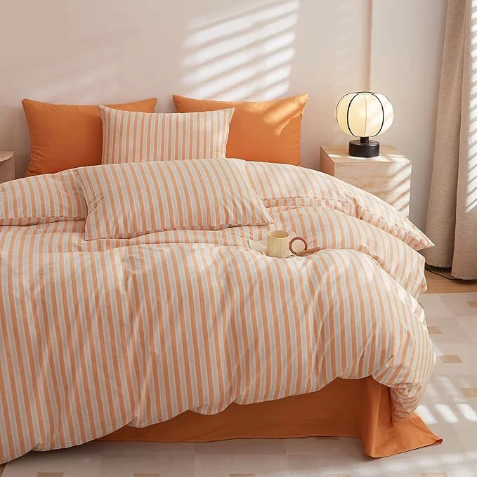 Next-Generation HighBuy Gingham Queen Size Comforter Set Orange Grey Striped 90x90 Inch Gingham Comforter Set 3 Pieces Modern Chic Comforter Bedding Set Striped Queen Geometric Fluffy Home Decoration Smooth
