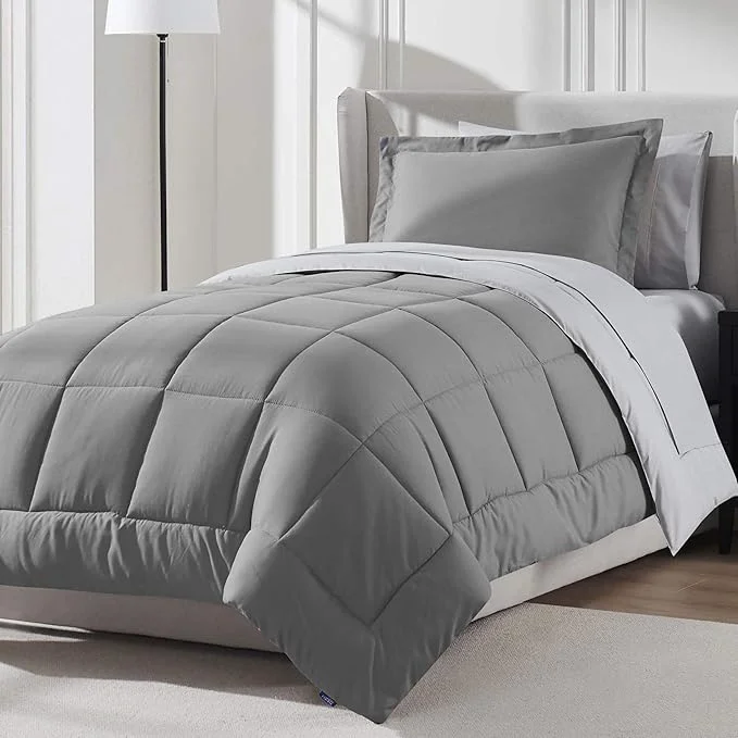 Functional Nestl 5 Piece Twin Comforter Set – Grey Reversible Bed in a Bag – Complete Twin Size Bedding Set with Sheets Pillowcase and Sham Outstanding
