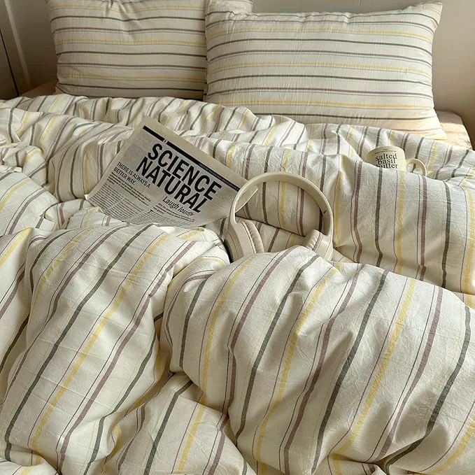 Long-Lasting EAVD Vintage Colorful Striped Comforter Set Twin XL Soft Cotton 3-Piece Retro Vertical Striped Bedding Set with 2 Pillowcases Boho Geometric Comforter Set for All-Season Green amp Yellow amp Brown Twin XL Breathable