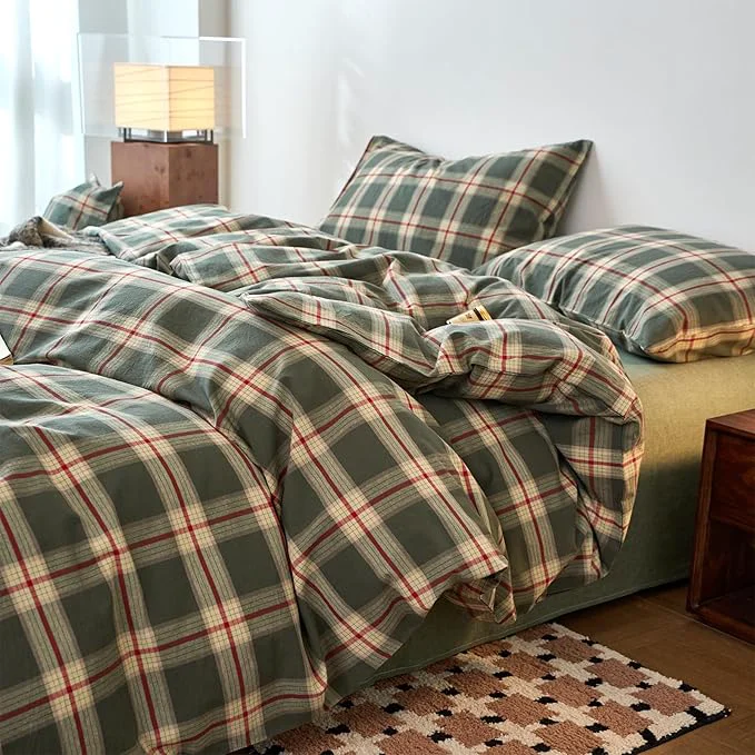 Pure EAVD Vintage Green Buffalo Plaid Comforter Set King Soft Washed Cotton Retro Green amp Red Grid Checkered Bedding Set with 2 Pillowcases Farmhouse Gingham Comforter Set for All-Season Versatile