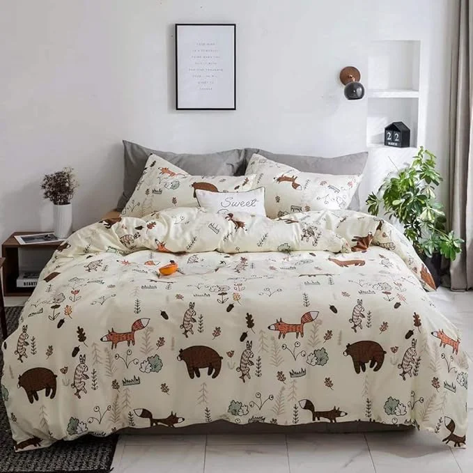 Crafted Houseri Beige Bear Comforter Set Twin Size 3 Pieces Toddler Girls Boys Woodland Theme Cartoon Bedding Sets Ultra Comfy Fox Rabbit Forest Animal Print Breathable Soft Bed Quilt Blanket Twin Kids Gift Premium