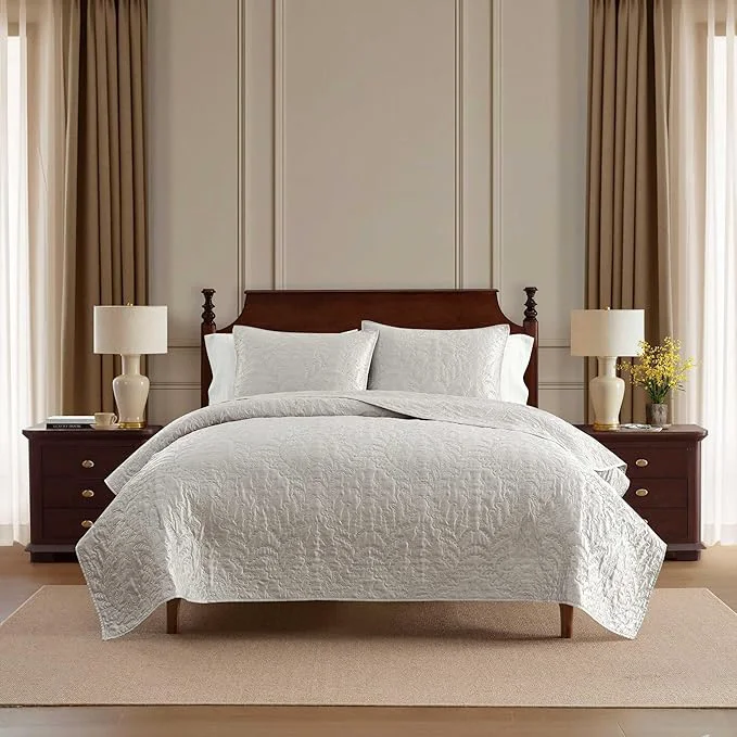 Dependable Martha Stewart - Queen Size Quilt Set Soft amp Smooth Sateen Bedding with a Light and Breathable Feel 3 Piece Bed Set with Matching Pillowcases Fern Embroidery Grey Durable