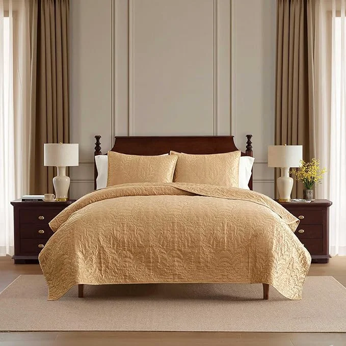 High-Performance Martha Stewart - King Size Quilt Set Soft amp Smooth Sateen Bedding with a Light and Breathable Feel 3 Piece Bed Set with Matching Pillowcases Fern Embroidery Beige