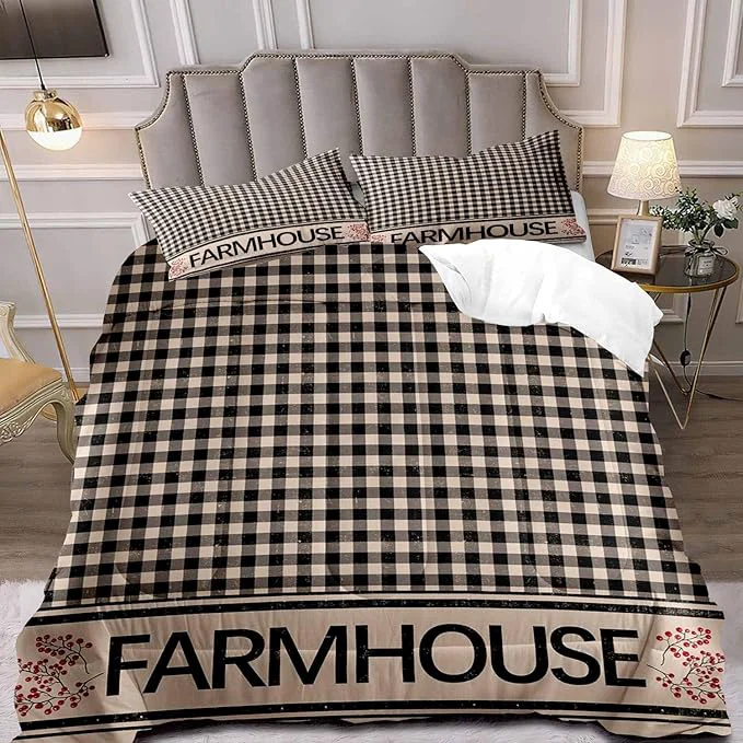 Original Design LUVIVIHOME 2PCS Brown Black Gingham Comforter Set Twin Bed Set Grid Checkered Quilt Farmhouse Bedding Red Berry Check Primitive Country Rustic Vintage Buffalo Plaid Comforter 1 Pillow Sham Official