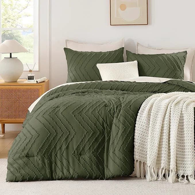 Expertly Made Andency Olive Green Comforter Set Queen Size Boho Soft Fluffy Warm Lightweight Bedding Comforter Sets for Queen Bed 3 Pieces Chevron Tufted Aesthetic Microfiber Lightweight Comforter Set Superior