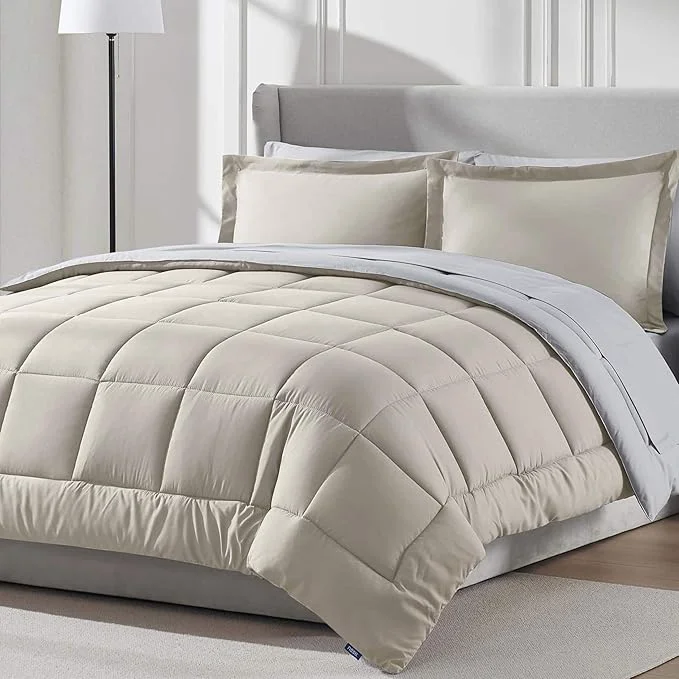 Easy-to-Use Nestl 7 Piece King Comforter Set – Beige Reversible Bed in a Bag – Complete King Size Bedding Set with Sheets Pillowcases and Shams Clean