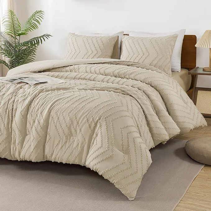 Unique Andency Light Khaki Comforter Set King Size Boho Soft Warm Tufted Bedding Comforter Sets for King Size Bed 3 Pieces Aesthetic Chevron Farmhouse Cute Bohemian Textured Bedding Set Prestigious