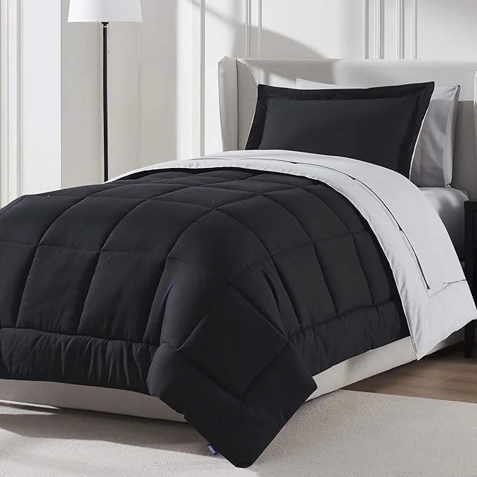 Innovative Nestl 5 Piece Twin XL Comforter Set – Black Reversible Bed in a Bag – Complete Twin XL Size Bedding Set with Sheets Pillowcase and Sham Smooth