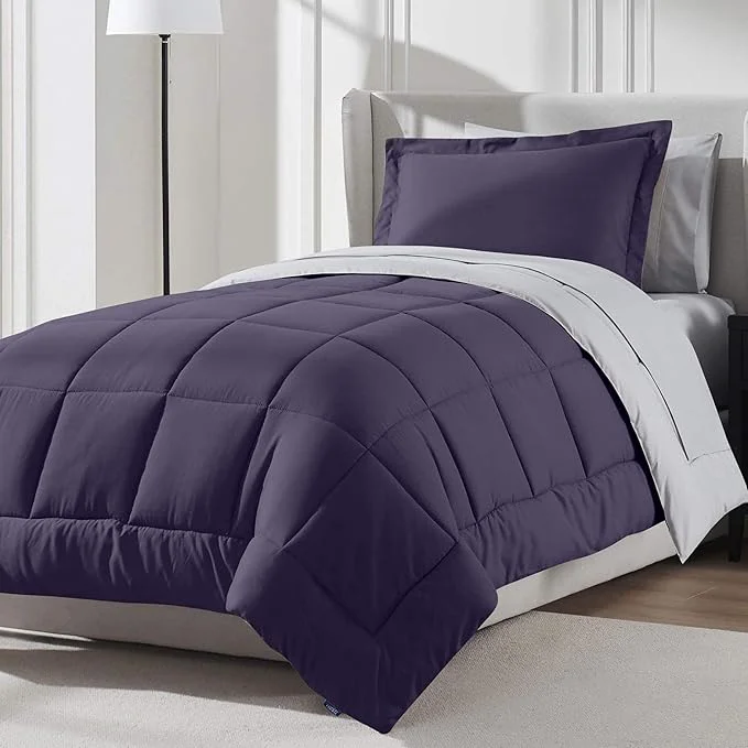 High-End Nestl 5 Piece Twin Comforter Set – Purple Reversible Bed in a Bag – Complete Twin Size Bedding Set with Sheets Pillowcase and Sham Selected
