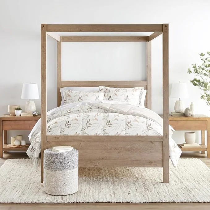 Artisan LINENS amp HUTCH Comforter Set Patterned Microfiber All Season Down- Ultra Soft Bedding in Foliage Stripe - King Cal-King Foliage Stripe Ivory Eco-Friendly