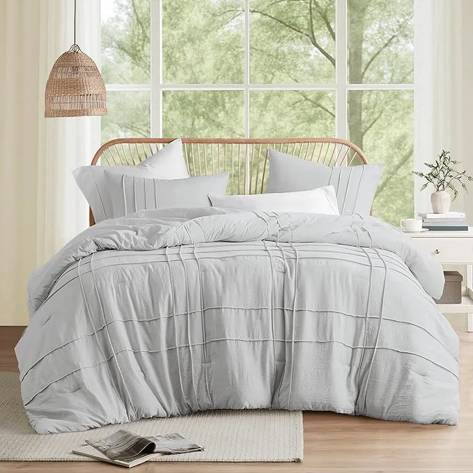 Crafted Comfort Spaces Silver Twin Size Comforter Set - 2 Pieces Pintuck Pleated Bedding Sets All Season Lightweight Extra Softness Pre-Washed Microfiber Twin Bed Set Shams Twin Efficient